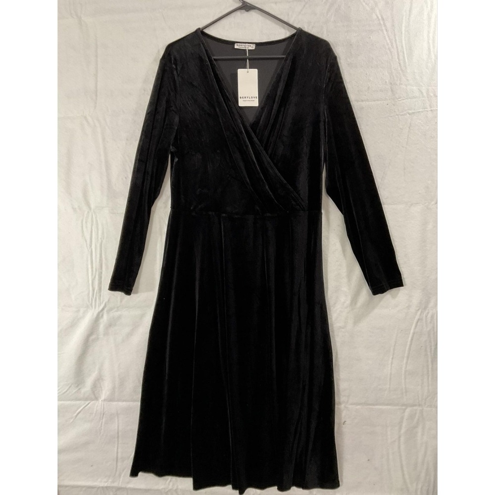 Berylove Dress Womens XXL Black‎ Velvet Wrap Long Sleeve Midi Cocktail Party New